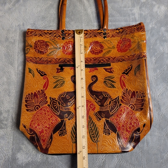 Genuine Leather Made In India Zipper Tote Bag Elephant Design with Bottom Studs - Picture 6 of 13